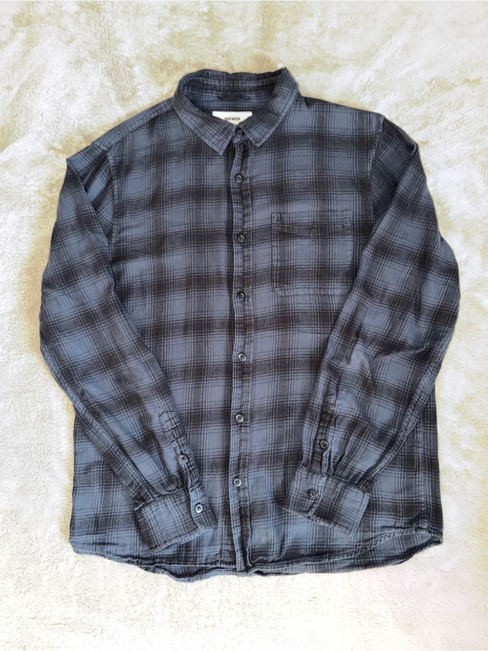 Buck Mason Men’s Medium Lightweight Cotton One Pocket Plaid Flannel Blue & Black